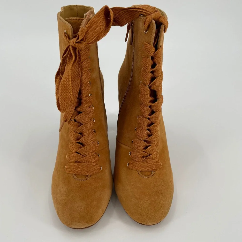 Sézane Alicia Suede Lace Up Ankle Boots Camel Block Heel EU 37 US 6